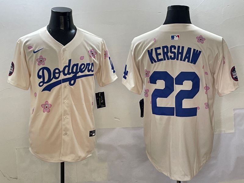 Men Los Angeles Dodgers #22 Kershaw Cream White Blue Sakura Edition 2025 Nike MLB Jersey style 2->youth mlb jersey->Youth Jersey